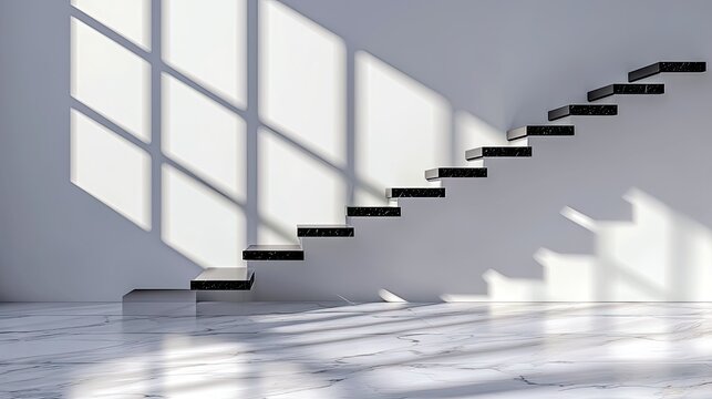 A contemporary interior scene featuring a minimalist floating staircase with black marble steps against a white wall. Dramatic diamond-shaped shadows from a win