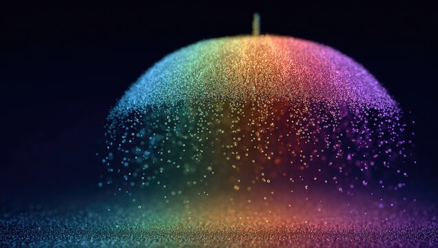 Abstract digital art, a semi-spherical cloud of colorful particles against a dark background