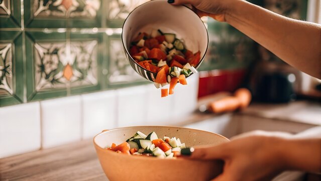A female hand gently pours freshly chopped vegetables — including zucchini, carrot, pepper, and onion — into a ceramic bowl. The background features aesthetic green tiles and a rustic countertop. - Powered by Adobe