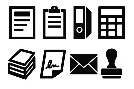 Brutalist Business Icons. Business Documents Collection silhouette icon set: report, clipboard, binder, calculator, paper stack, signature, envelope, stamp