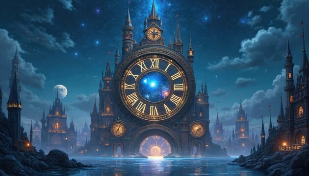 Fantasy clockwork city on water under starry night sky. Towers feature large clock faces. Time concept shows cosmic view through main clock. Moon rises behind fairy tale city. Reflection on water - Powered by Adobe
