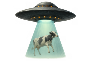Alien spaceship abducting a cow with a powerful light beam, representing extraterrestrial encounter and space invasion