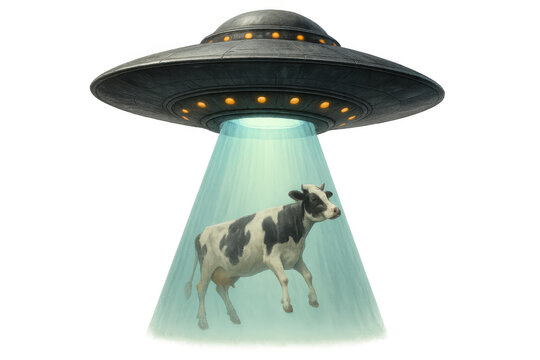 Alien spaceship abducting a cow with a powerful light beam, representing extraterrestrial encounter and space invasion - Powered by Adobe