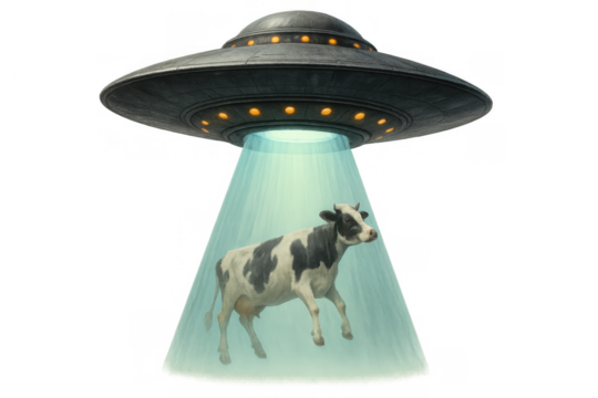 Alien spaceship abducting a cow with a powerful light beam, representing extraterrestrial encounter and space invasion