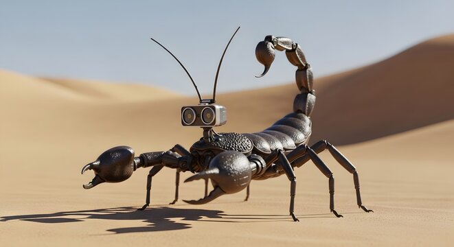 Mechanical scorpion robot walking in desert landscape