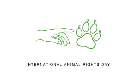 International Animal Rights Day concept with a human hand touching an animal paw. Minimalist green line art illustration symbolizing animal welfare, protection, and the human-animal connection