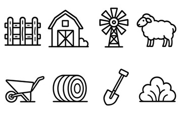 Rural Icons Outline. Rural Landscape linear icon set: fence, barn, windmill, sheep, wheelbarrow, hay bale, shovel, bush