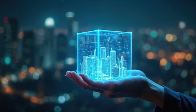 Hand holds glowing cube displaying miniature cityscape at night. Futuristic technology urban development, digital innovation. Image evokes concepts of virtual reality, smart cities, future of