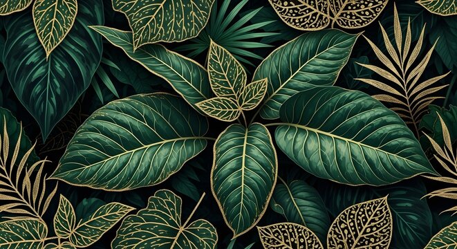 Elegant tropical foliage with golden accents creates a luxurious and sophisticated botanical design