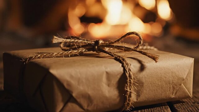 Brown-papered gift wrapped with twine, resting on wood, set against the warm glow of a fireplace