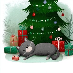 home cat near gifts boxes under a Christmas tree at home, humorous illustration, clipart