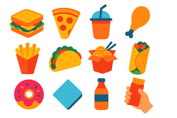 Colorful Urban Snacks. Urban bites flat icon set: sandwich, pizza slice, smoothie, fried chicken, fries cone, taco shell, noodle box, kebab wrap, donut, napkin, bottle, hand