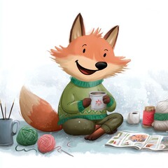 Obraz premium fox knitting a sweater with wool , winter humorous illustration, clipart