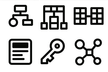 Brutalist Data Icons. Data Modeling silhouette icon set: entity relationship diagram, schema structure, table connection, attribute field, primary key, data map