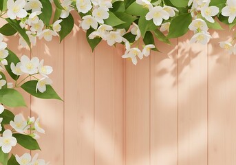 Floral canopy on wooden backdrop, elegant botanical beauty and light shadow