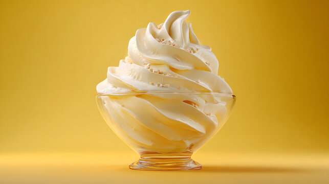 A delicious swirl of creamy vanilla soft serve ice cream with a hint of caramel sauce in a clear glass sundae dish against a warm yellow background