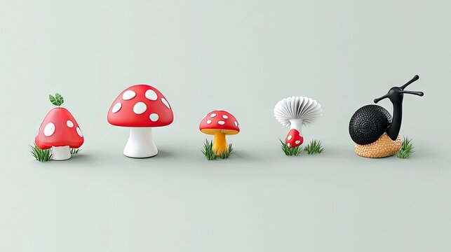 A whimsical collection of stylized cartoon mushrooms and a snail, arranged on a plain light green background with small tufts of green grass. The mushrooms are