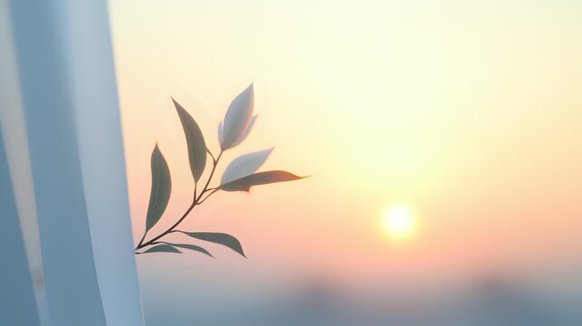 Delicate plant silhouette against frosted glass window with sunset backdrop creating peaceful atmosphere for wellness and mindfulness concepts. - Powered by Adobe