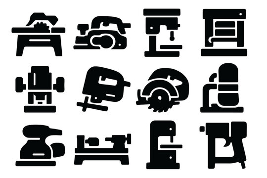 Woodworking Tool Icons. Woodworking Power Tools silhouette icon set. table saw, belt sander, drill press, planer, router, jigsaw, circular saw, dust collector, orbital sander