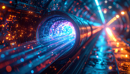 Digital Tunnel: A luminous tunnel of light guides through a core, filled with a network of digital data streams, symbolizing speed, innovation and progress. 