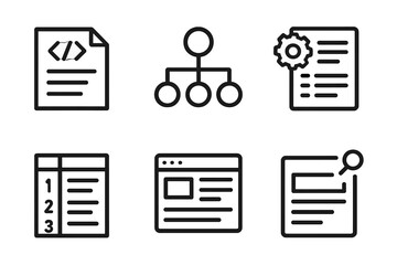 Technical Documentation Icons. Technical Documentation linear icon set: code sheet, diagram nodes, gear icon, step list, data table, reference tag, system page, annotation mark