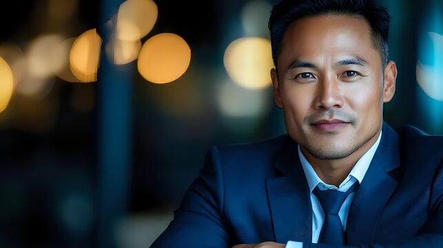 Asian businessman in navy suit with confident smile against blurred city lights background, portraying professional success and leadership in corporate environment.