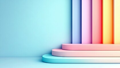 Three rounded, pastel-colored pedestals in ascending order, set against a backdrop of vertical pastel stripes in a rainbow gradient. Soft, diffused lighting ill