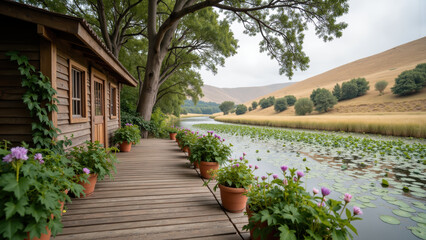 Fototapeta premium Serene lakeside view featuring wooden cabin surrounded by lush greenery and blooming flowers. calm water reflects natural beauty of landscape