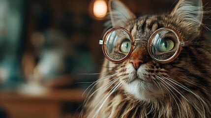 Funny tabby cat wearing round glasses with magnified eyes, looking intelligent against blurred warm interior background.