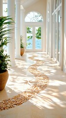 A sunlit, elegant hallway with a winding path of pebbles, leading towards large glass doors that open to a view of the ocean and trees. The floor is tiled, and