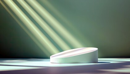 A minimalist, light teal pedestal with a curved top sits on a flat surface. Diagonal beams of soft, warm light stream in from the left, casting shadows and crea