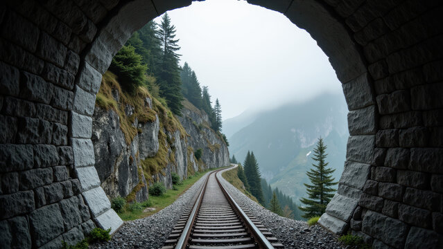 Scenic view of railway tunnel leading into misty landscape, surrounded by mountains and evergreen trees, evokes sense of adventure and tranquility