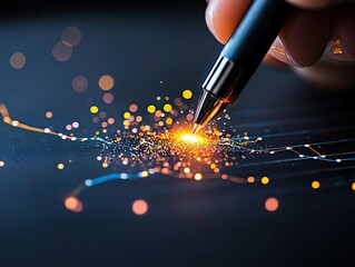 A close-up shot of a hand holding a pen, its tip creating a bright spark and glowing particles as it interacts with a digital network of lines and dots against