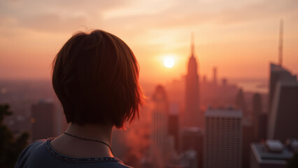 Fototapeta premium Person gazing at sunset over city skyline, featuring tall buildings and prominent tower. warm colors of sunset create serene atmosphere