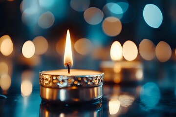 Burning candle with golden decorative holder against blurred bokeh lights creating peaceful atmosphere for meditation or romantic evening.