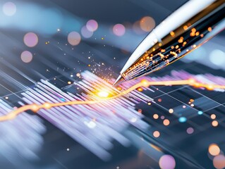 A close-up, dynamic shot of a metallic pen tip touching a glowing financial graph. Sparks fly from the point of contact, set against a dark background with blur