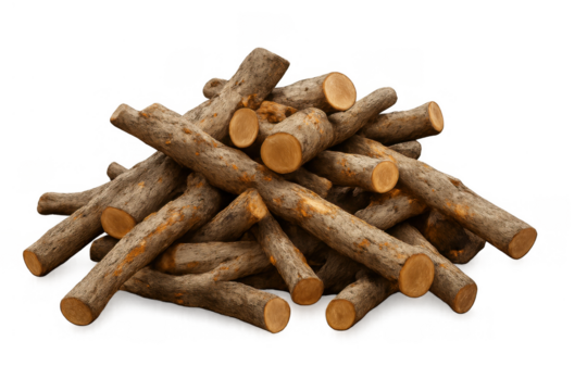 Firewood pile, cut wood logs stacked and ready for use as fuel, energy, or warmth, with a transparent background