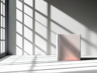 A minimalist scene featuring a blank, light-colored cube positioned on a white floor. Dramatic shadows from a window with a grid pattern are cast across the wal