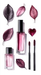 A collection of cosmetic items including two perfume bottles, two mascara wands, a heart-shaped object, and several stylized leaves, arranged against a white ba