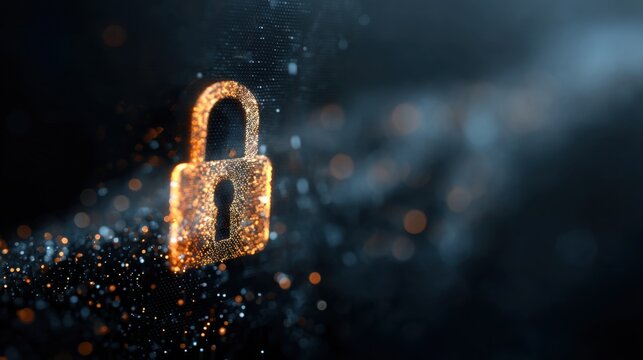Futuristic Digital Lock Symbol Surrounded by Glowing Particles Representing Cybersecurity and Protection in a Modern Tech Environment