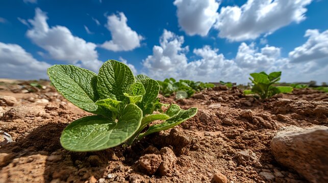 Young mint plant growing in dry soil against dramatic blue sky with fluffy white clouds, representing agriculture, new beginnings, and organic farming.