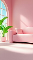 A soft pink sofa is placed next to a large arched window with sunlight streaming through, casting shadows on the floor. A potted green plant sits to the left of
