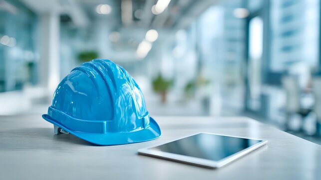 Blue safety helmet and digital tablet on desk in modern construction office with blurred corporate background. - Powered by Adobe