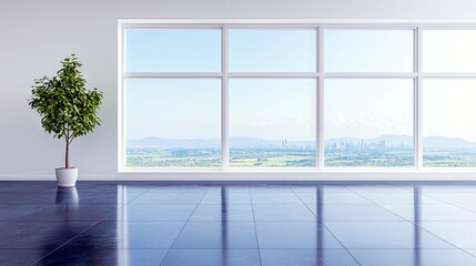 A single potted green plant stands on a polished dark floor next to a large, multi-pane window. The window offers a panoramic view of a distant cityscape and ro