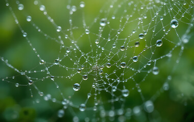 A delicate spiderweb adorned with sparkling morning dew drops, capturing the ephemeral beauty of nature's intricate patterns and reflecting the gentle light of a new day in a vibrant green garden