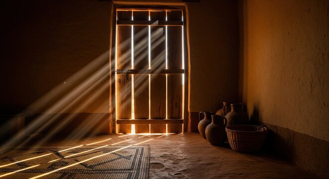 Sunlight beams streaming through wooden door in rustic room with clay pots and basket
