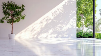 A single potted green tree stands in a minimalist, sunlit interior with marble floors. Sunlight streams through a large window, casting dappled shadows of leave