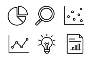 Data Analysis Icons. Data Analysis linear icon set: pie chart, magnifying glass, scatter plot, statistical graph, insight icon, data report