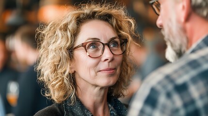 Middle-aged woman with curly blonde hair and glasses engaged in conversation with gray-bearded man at social gathering, showing attentive expression.