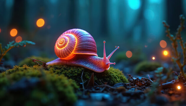 Luminous snail with vibrant neon spiral shell glides on green moss in dark forest. It shines brightly, illuminating its slow path forward. Shimmering bokeh lights create dreamy fantasy scene at night. - Powered by Adobe